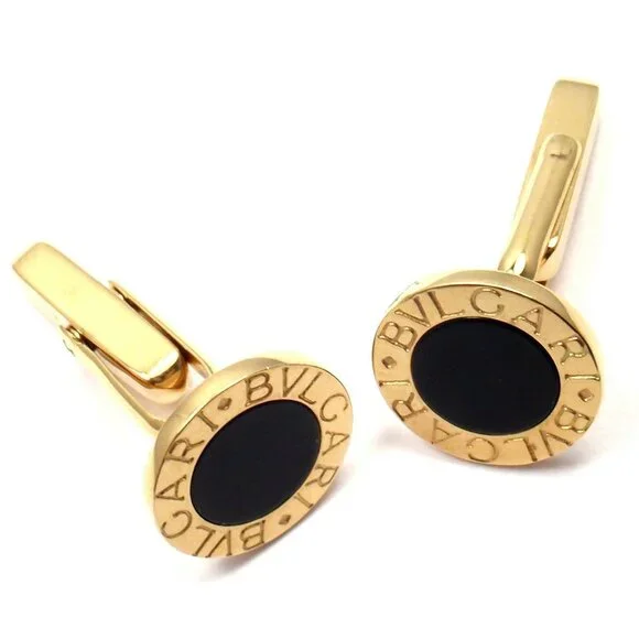 Authentic! Bulgari Bvlgari 18k Yellow Gold Black Onyx Cufflinks - Picture 4 of 6